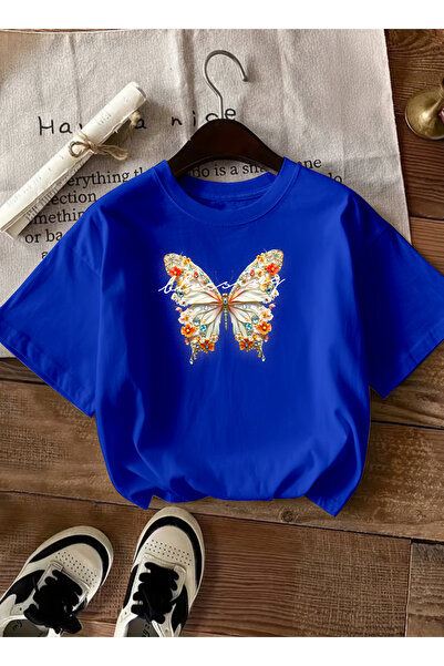 caddekombin Women's Diamond Butterfly Printed Round Neck Cobalt Blue T-Shirt