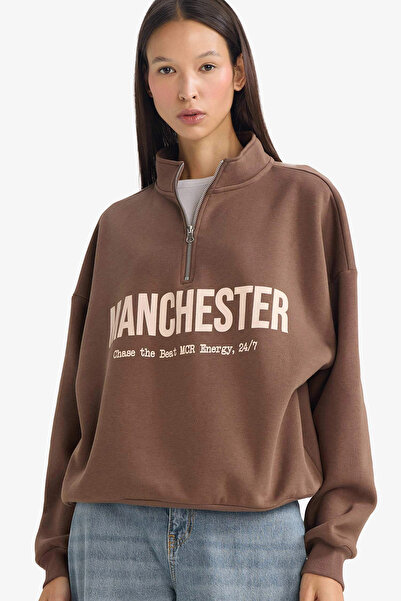 DeFacto G6186Axbn1 Brown Oversized Wide Fit Half Zip Printed Thick Fabric Swe...