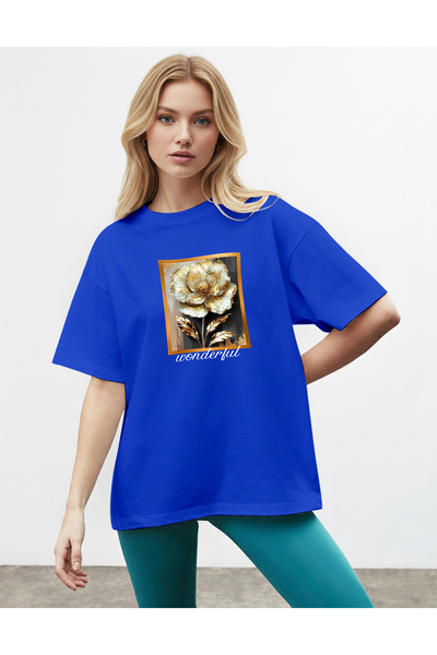 caddekombin Women's Golt Detailed Rose Graphic Crew Neck Cobalt Blue T-Shirt