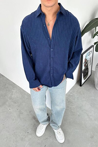 HAFKAGİYİM قميص مودال مخطط فاخر باللون الأزرق الداكن