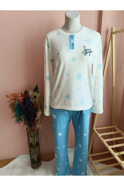 PİJAHOME طقم بيجامة نسائية حرارية ناعمة من شاين برايت - أزرق