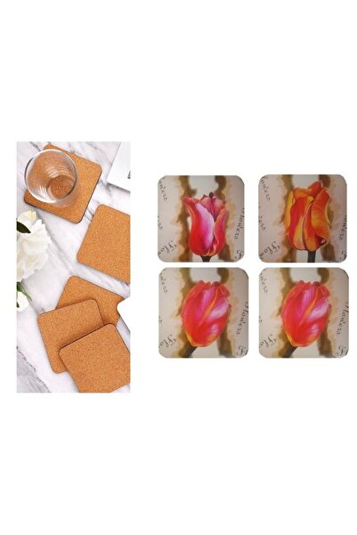 Bosphorus Wooden Coasters 4 Pieces Flower Pattern 9X9Cm