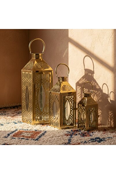 Generic Gold metal lantern set with clear glass - 3 sizes