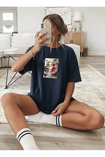 caddekombin Mademle cu imprimeu pentru femei, design special, bleumarin tricou