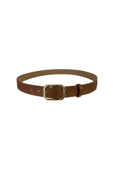stravis Tan Suede Belt with Gold Square Buckle