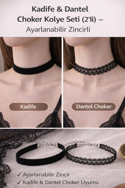 Liora De Mar Kadife & Dantel Choker Kolye Seti – Ayarlanabilir Zincirli, Mini...