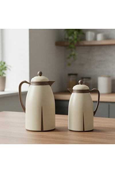 ZALA طقم ترمس مزدوج فاخر بتصميم عصري بلون بيج ونقشة خشبية - يحافظ على المشروب...