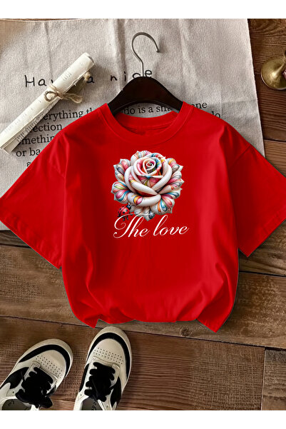 caddekombin Women's the Love Printed Printed Round Neck Red T-Shirt