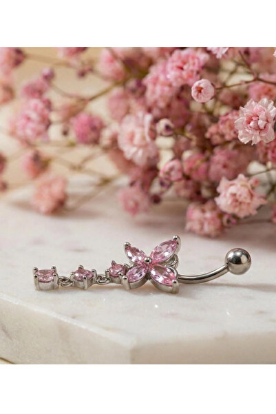 TakıLabirenti Pembe çiçekli sallantılı göbek piercingi, göbek çubuğu, zarif p...