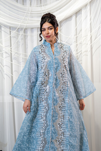 Hasnaa Abaya Elegant Ramadan jalabiya in sky blue with beadwork and sequins