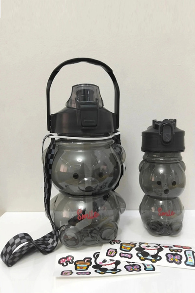 Rosemor 2Adet Ayıcık siyah Şeffaf Su Matarası 1000+400ml Çocuk Su Şişesi Pipe...