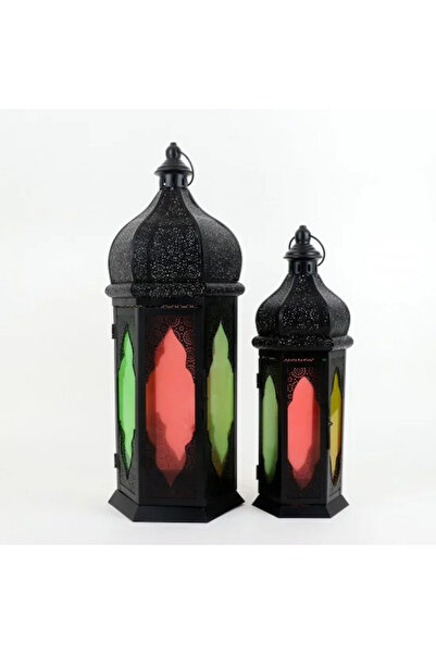 Generic Oriental lantern set, metal with colored glass – 2 sizes