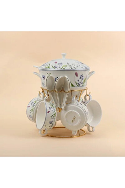 Generic طقم شوربة بورسلين كلاسيكي بنقوش زهرية وحامل ذهبي، 15 قطعة