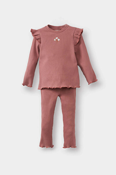 DeFacto Y1122A2Pn429 Pink Baby Girl 2-Piece Set Floral Long Sleeve Corded Fab...