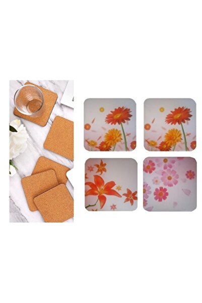 Bosphorus Wooden Coasters 4 Pieces Flower Pattern 9X9Cm