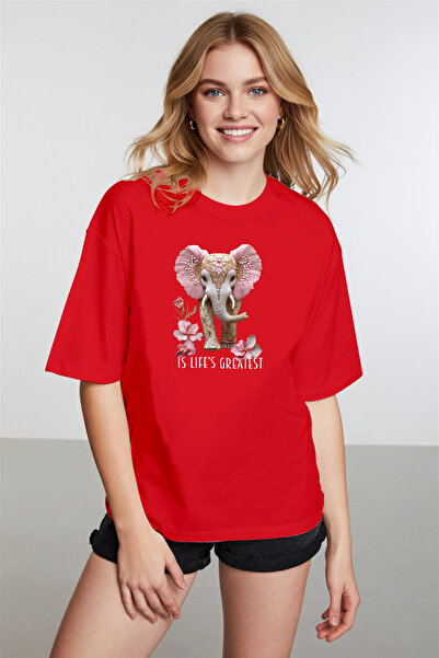 caddekombin Women's Espiri Elephant Graphic Printed Round Neck Cobalt Red T-S...