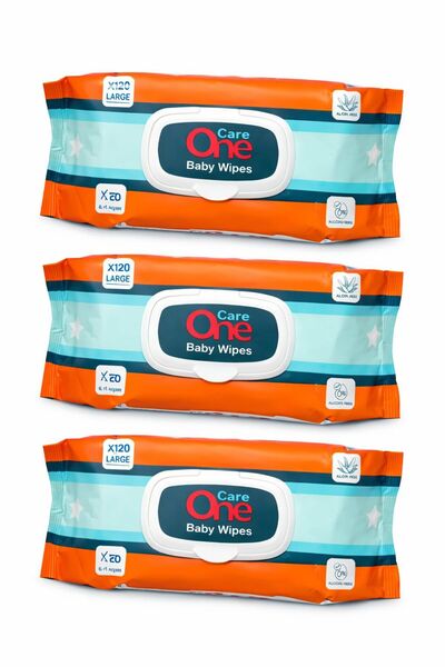 Care One Baby Wipes 3-Pack (3x120pcs) - Alcohol-Free Aloe Vera Large Wet Wipes