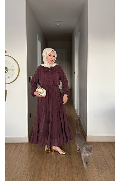 merve ada design Fular Yaka Detaylı Astarlı Organze Tül Tesettür Elbise
