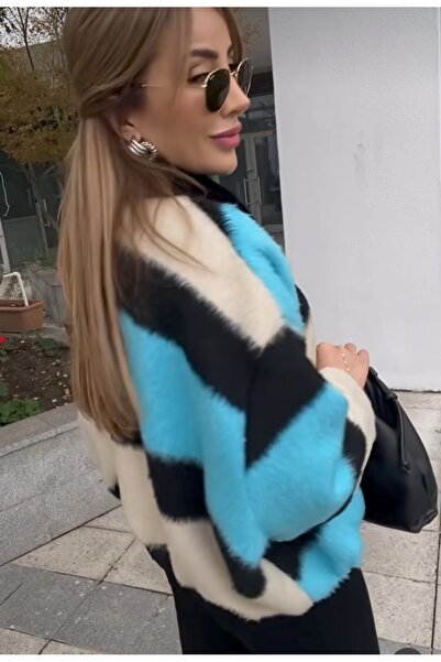 EsSo butik Women's Color Block Batwing Sleeve Oversized Mold Bomber Plush Coat