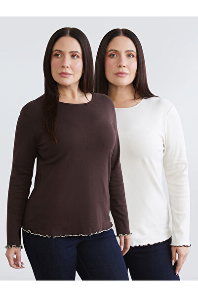 LC Waikiki Brown Plus Size Crew Neck Women's T-Shirt 2-Pack