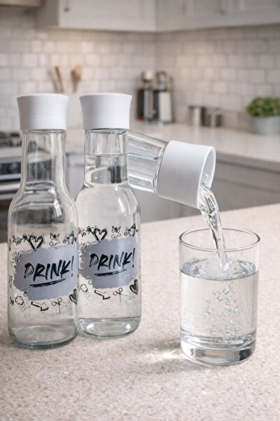 abenim Karaf Model Drink desenli Beyaz Kapaklı Cam Su Şişesi 1000 Cc (1 adet)