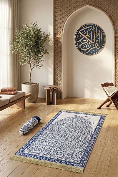 Lotus Dükkan Parlak Dokulu Kılıflı Seccade – KLFSC- 03 - Çini Desen – Lacivert