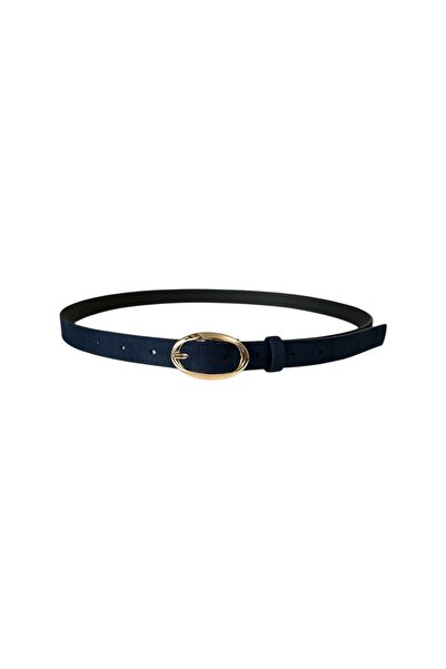 stravis Navy Blue Suede Belt with Gold Oval Buckle