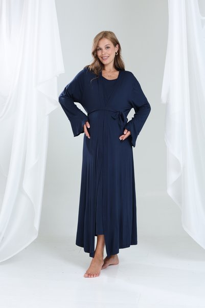 Hamile Tekstil Navy Blue Plain Viscose Dressing Gown Double-Breasted Maternity Nightgown Set