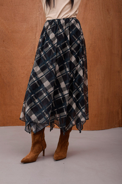 HOPE AND ME Khaki Plaid Patterned Chiffon Midi Skirt