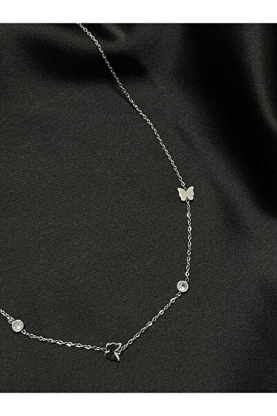 ROYKA Silver Color Tiny Butterfly Stone Gift Steel Necklace