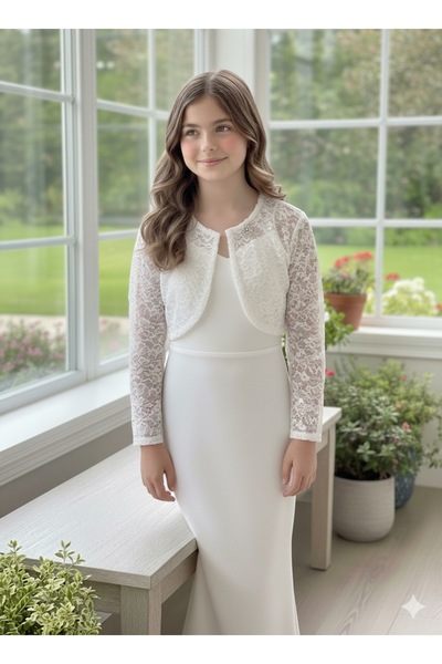 hisarpretty Kız çocuk beyaz dantel işlemeli bolero özel gün ceketi