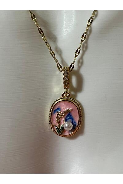 GÜLNAR BİJUTERİ Vintage Engraved Pearl Art Necklace Pink Minelli 316L Steel