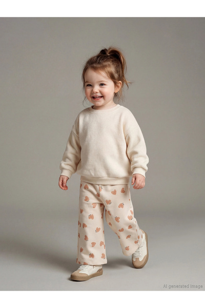 LC Waikiki Lcw Baby Beige Elastic Waist Printed Baby Girl Sweatpants