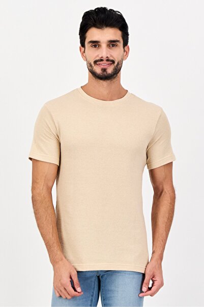Threadbare Men Crew Neck Short Sleeve Textured T-shirt, Beige
