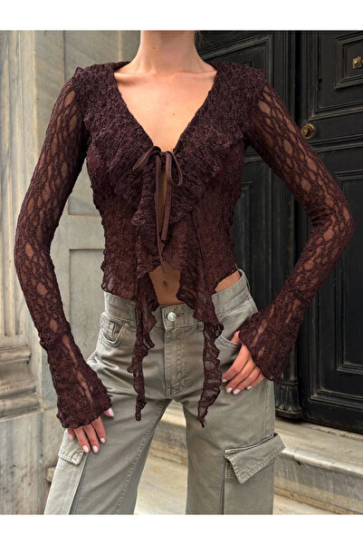 MetuCA Women's Brown V-Neck Front Lace-Up Ruffled Sheer Lace Crop Blouse Card...