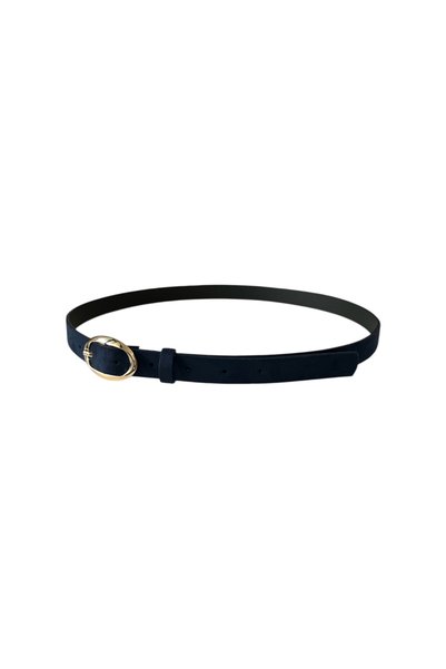 stravis Navy Blue Suede Belt with Gold Oval Buckle