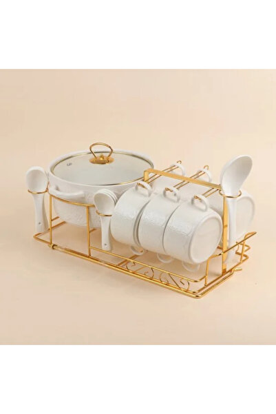 Generic طقم شوربة بورسلين كلاسيكي مع حامل ذهبي، 15 قطعة