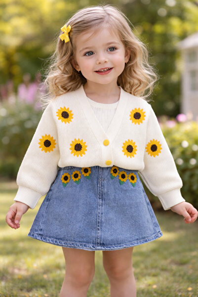 SANTRALBEBE Set cu fustă din denim pentru fetiță, cu broderie de margarete