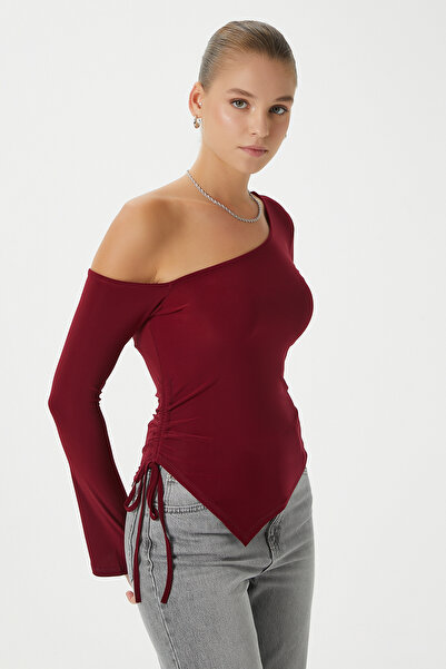 Ritnice Women's Sierra Asymmetrical Cut Shoulder Detail Sandy Burgundy Blouse