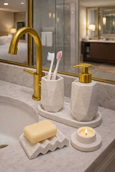 lufen deco 5 Parça Mermer Desenli Dekoratif Banyo Wc Seti Katı Sıvı Sabunluk ...