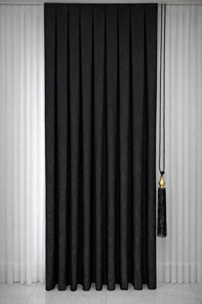 cemrela desing Velvet Textured Luxury Background Curtain Black Close Pleat (S...