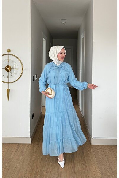 merve ada design Fular Yaka Detaylı Astarlı Organze Tül Tesettür Elbise