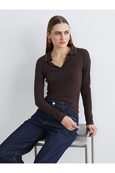 LC Waikiki Brown Polo Neck Ribbed Women's T-Shirt