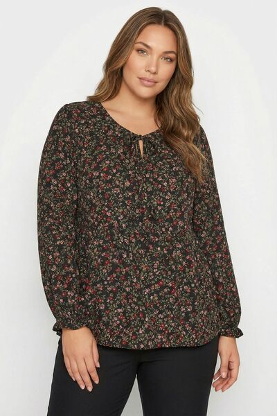 Stil Diva Блузка з чорним квітковим візерунком, що зав'язується на шнурку, дл...