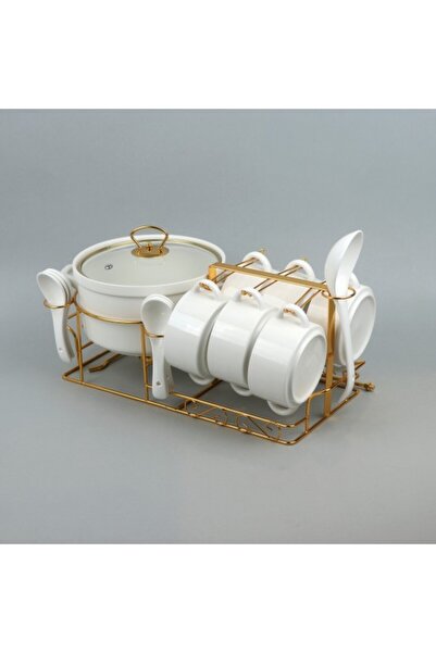 Generic طقم شوربة بورسلين كلاسيكي مع حامل ذهبي، 15 قطعة