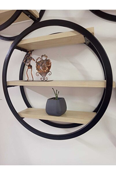 WOODİRON Yuvarlak Metal Çerçeveli Ahşap Duvar Rafı - Endüstriyel Dekoratif Raf