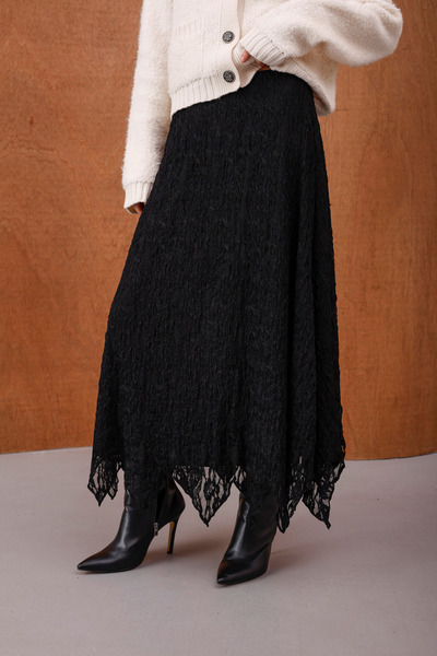 HOPE AND ME Asymmetrical Cut Lined Black Lace Skirt