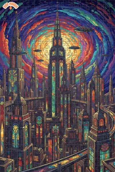 Teona Ahşap Future City Vision Art Print Double Layer Framed Wooden Puzzle 50...