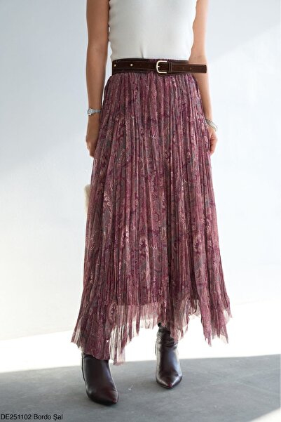 QUSTYLE Women's Burgundy Shawl Patterned Asymmetrical Midi Skirt