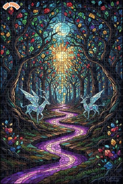 Teona Ahşap لغز خشبي فني من الزجاج الملون لغابة الغزلان المجنحة 500 قطعة 50x30